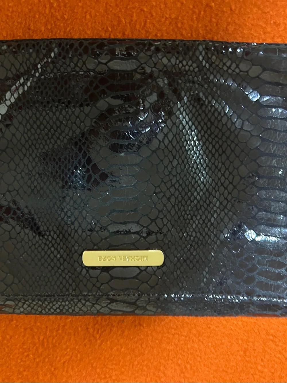 Michael Kors Black Snake-Embossed clutch with Gold Corner Hardware